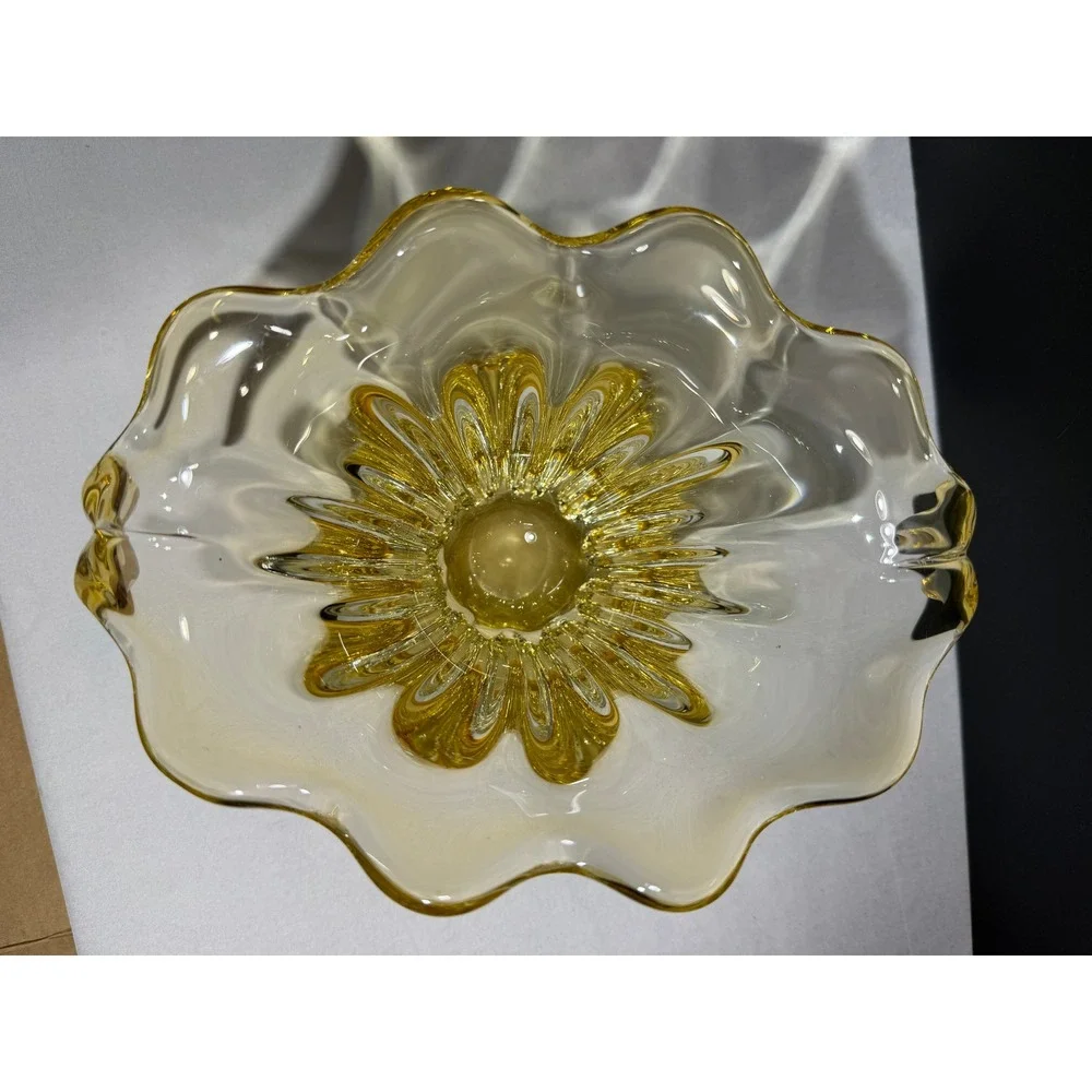 Vintage Murano Style Amber Yellow Sommerso Art Glass Flared Ribbed Vase